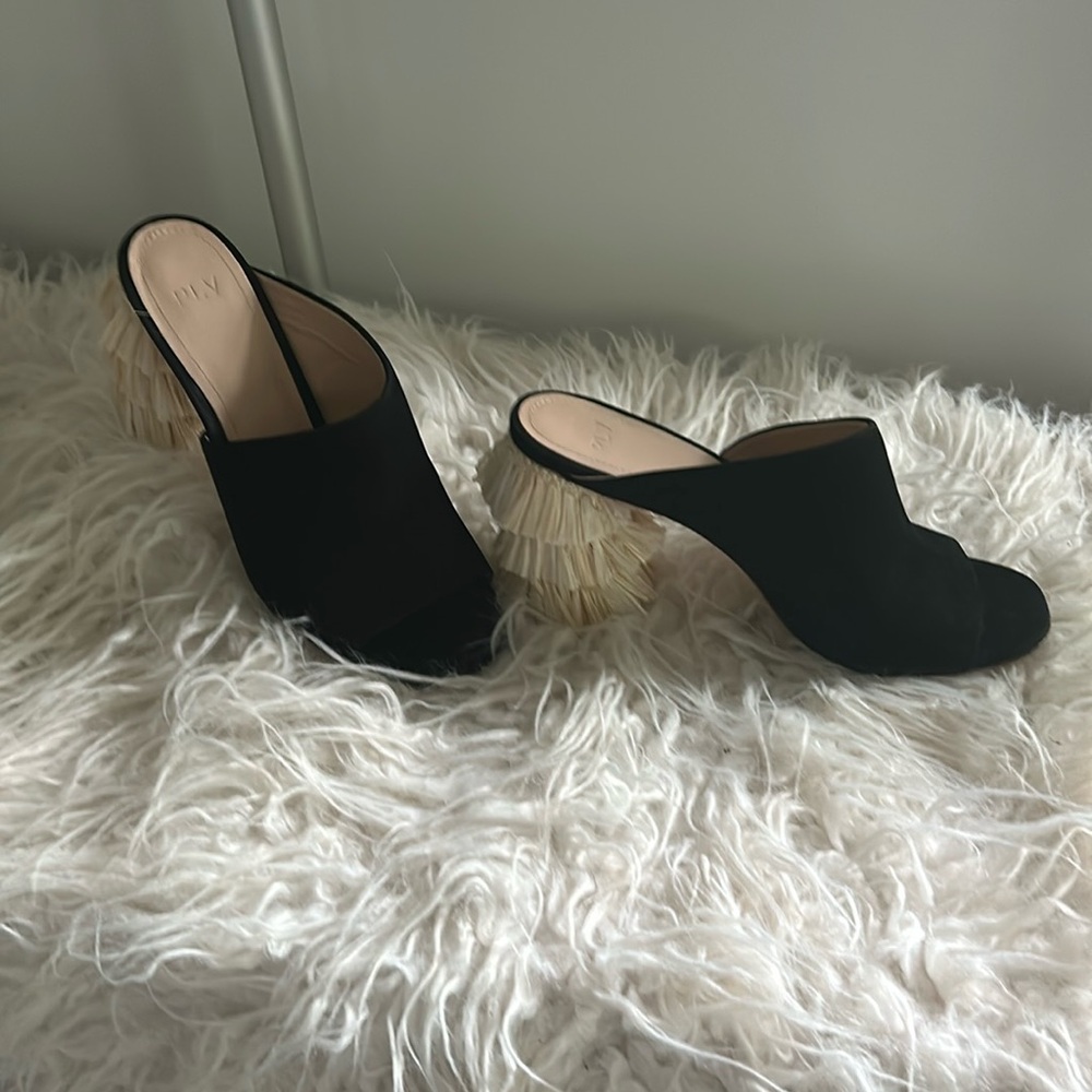Fashion designer shoe by PLV . Black suede with funky detail heel. Size 6 1/2.